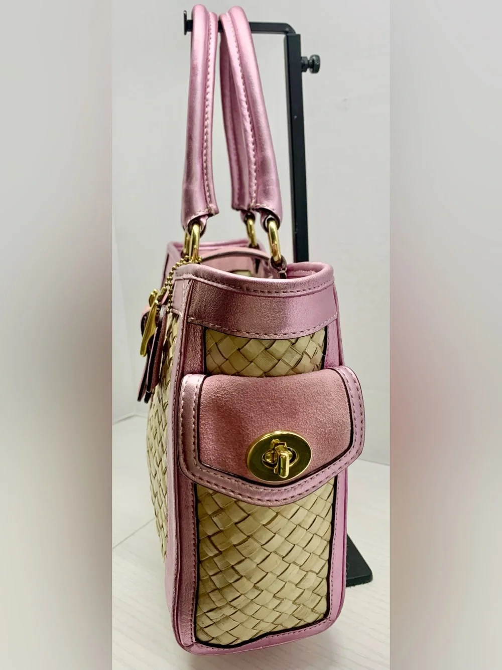 Coach Vintage 2004 Hamptons Pink Metallic Leather, Suede & Straw Tote,